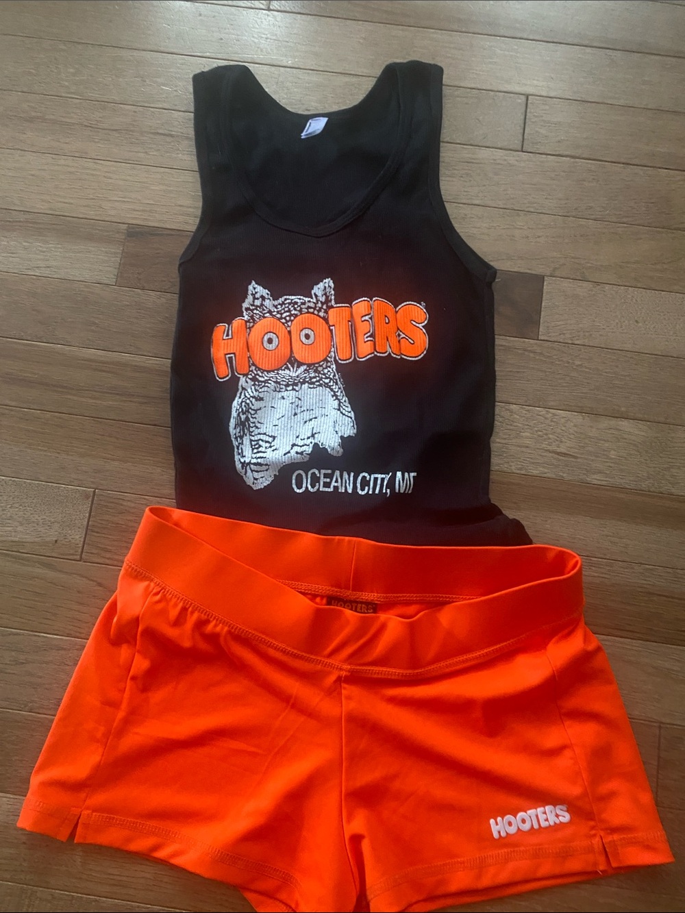 Hooters Black Tank with Bright Orange Shorts